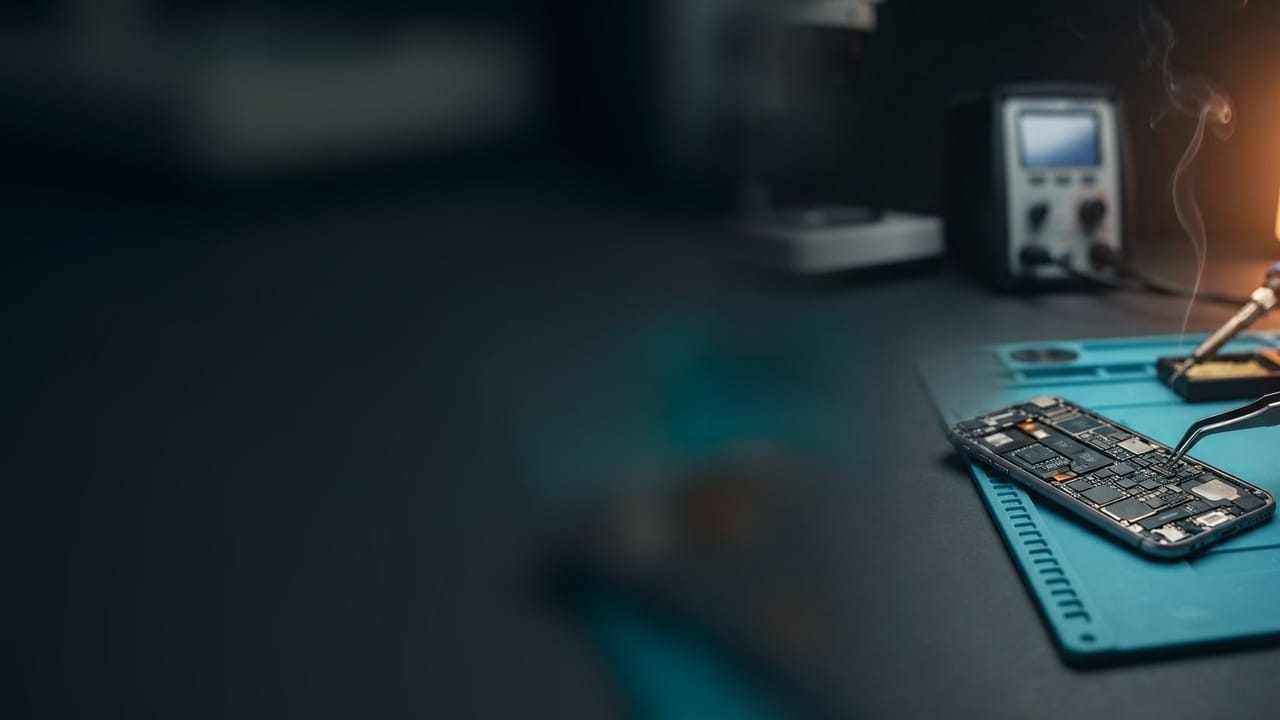 Celular aberto na bancada de reparos, com pinça de precisão sobre a placa