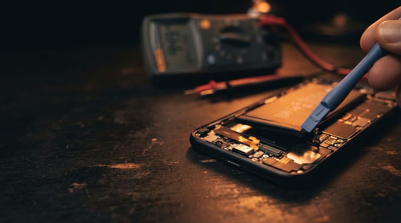 Celular aberto com a bateria sendo retirada e um conector de carga novo ao lado